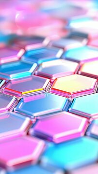 A close-up, abstract view of a tessellated surface composed of hexagonal shapes with a glossy, iridescent finish in shades of pink, blue, and yellow.