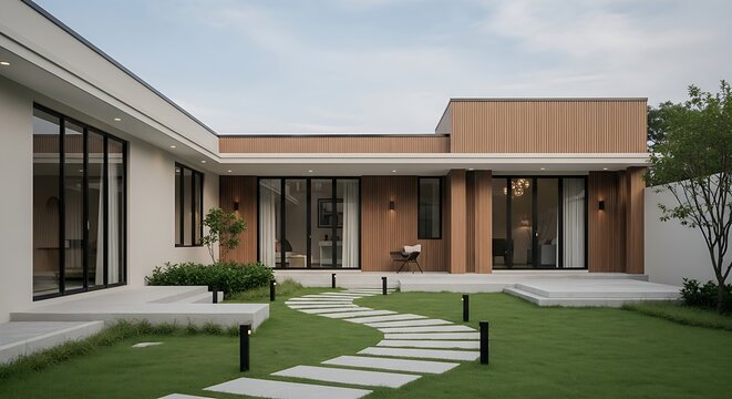 Modern Architecture A Serene Backyard Oasis Featuring a Winding Stone Path Through Lush Green Grass and Sleek Contemporary Home Design