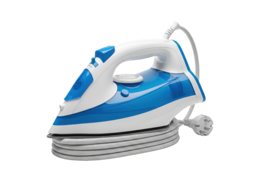 Electric iron isolated on transparent background, showcasing its sleek design and functionality for ironing clothes, perfect for household appliance promotions