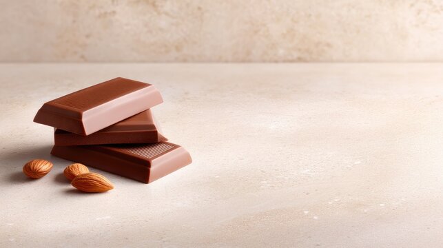 Delicious chocolate bars stacked gracefully next to roasted almonds on a light textured background emphasizing a sweet and satisfying treat