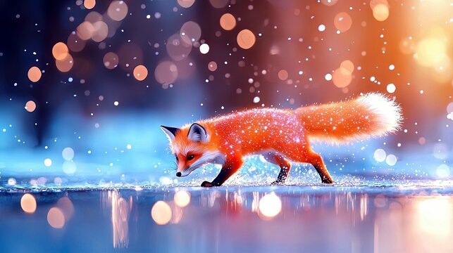 A red fox with a fluffy tail walks through a snowy, magical landscape illuminated by soft bokeh lights.