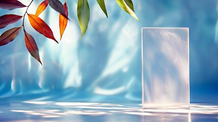 A clear glass prism stands on a reflective surface with dappled light, framed by colorful autumn leaves against a soft blue background.