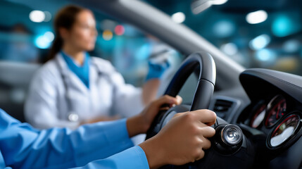 Naklejka premium Foreground steering wheel and driver’s uniformed arms in focus, face outside frame, softly blurred doctor examining patient behind, emergency environment, with copy space