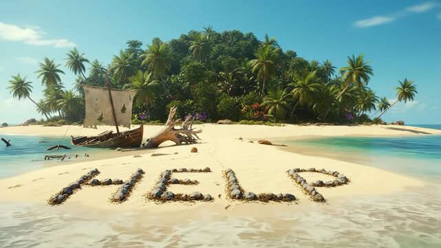 Wide shot of a shipwreck on a remote tropical island with 'HELP' spelled out in rocks on the sandy beach for a desperate survival concept