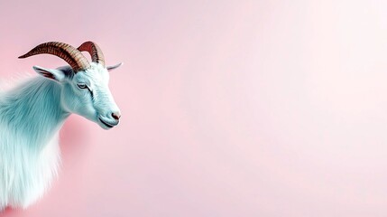A white goat with prominent horns is positioned on the left side of the frame against a soft pink backdrop.