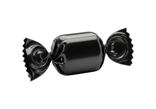 A single black candy wrapped in shiny foil, isolated on a transparent background
