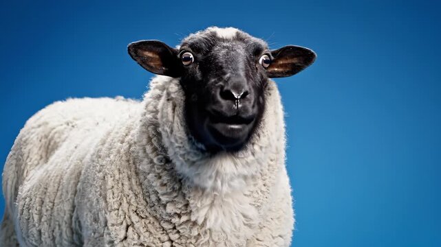 Surprised sheep looking wide-eyed and bleating with open mouth in a studio setting for animal reaction concept and humorous content