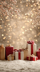 Vertical Christmas Background with Group of Red and Gold Gift Boxes in Snow, Frozen Branches and Warm Golden Bokeh Lights
