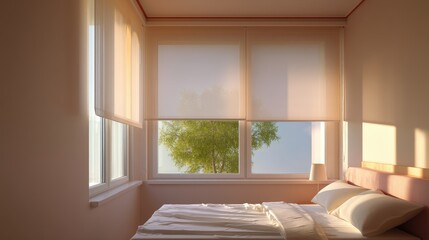 Fototapeta premium Bright and Cozy Bedroom with Soft Light Filtering Through Windows, Modern Decor and a Tree View, Calming Atmosphere for Relaxation and Rest