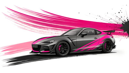 A gray sports car with pink accents and brush strokes on a white background in a digital rendering