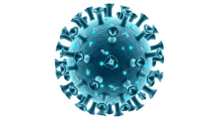 Detailed 3 D rendering of a blue coronavirus particle with glowing cyan and white dots isolated on a transparent background