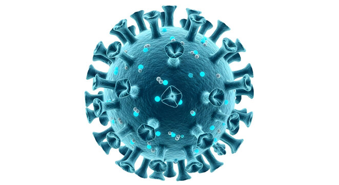 Detailed 3 D rendering of a blue coronavirus particle with glowing cyan and white dots isolated on a transparent background