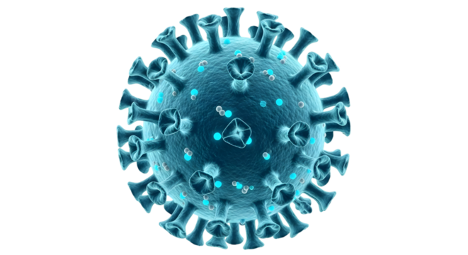 Detailed 3 D rendering of a blue coronavirus particle with glowing cyan and white dots isolated on a transparent background - Powered by Adobe