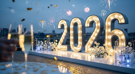 Celebrate the dawn of a new year with a stunning display of illuminated numbers 2026, set against a backdrop of fireworks and champagne toast
