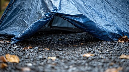 Wet blue tent entrance on rocky ground.