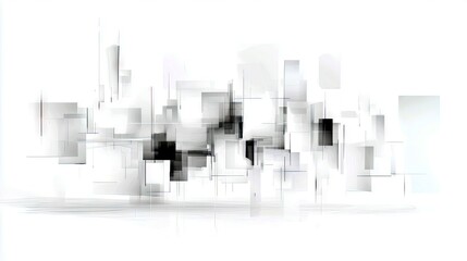 An abstract composition of overlapping translucent geometric shapes and lines in shades of gray and black creates a sense of depth and architectural structure.