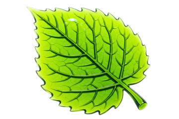 Glossy green leaf with detailed veins in a stylized design on a transparent background