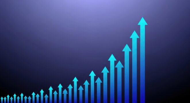 Exponential growth depicted by blue arrows rising against a gradient backdrop