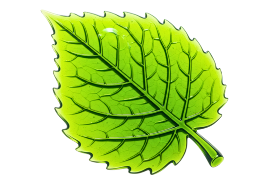 Glossy green leaf with detailed veins in a stylized design on a transparent background