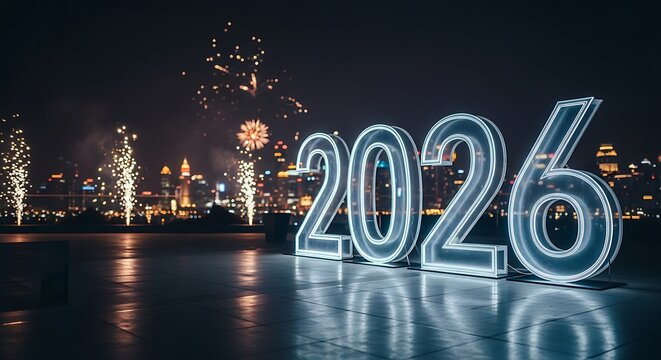 Celebrate the arrival of the new year 2026 with a dazzling display of fireworks and illuminated numbers, symbolizing hope and new beginnings as the city skyline glows in the background