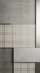 Abstract composition of neutral-toned squares and rectangles overlapping a plaid pattern background with gold lines.