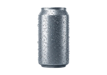 A refreshing aluminum can covered in water droplets, isolated on transparent background, ideal for illustrating cold beverages and condensation