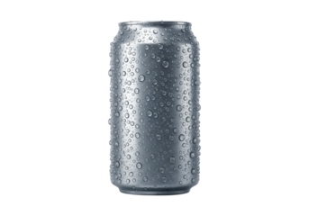 A refreshing aluminum can covered in water droplets, isolated on transparent background, ideal for illustrating cold beverages and condensation