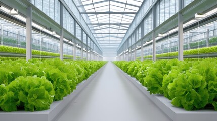 Lush Green Lettuce Growing in a Modern Greenhouse with Bright Natural Light and a Clean Aesthetic for Sustainable Farming Solutions