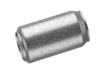 Closeup of a silver aluminum can with water droplets, isolated on transparent background, perfect for showcasing beverage packaging and condensation