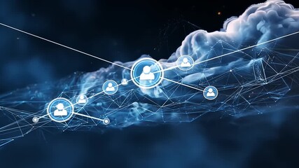 Digital network connections with user icons amidst a cloud backdrop, symbolizing online communication - Powered by Adobe