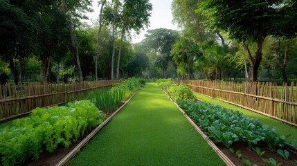 Fototapeta premium Lush Green Vegetable Garden with Vibrant Rows of Fresh Produce Surrounded by Trees and Natural Beauty in Bright Morning Light