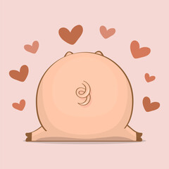 Cute cartoon Pig`s back with hearts. Vector illustration of animal on pink background with red hearts.