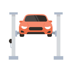 Automotive elevator with car isolated on white background. Car service  concept. Vector stock