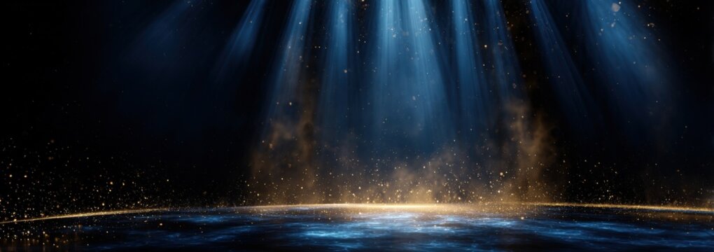 Dramatic stage lighting with golden dust particles and blue smoke