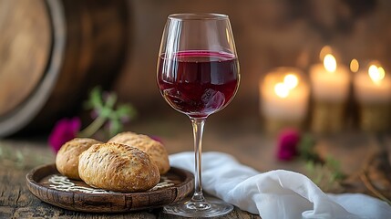Wine glass and bread on wooden table.