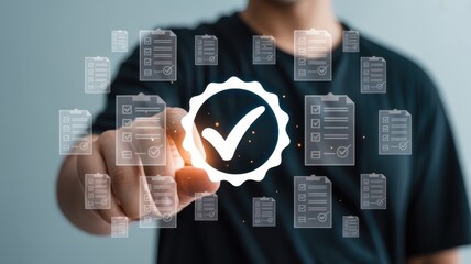 Business person touches glowing digital badge confirming successful task completion among many checklists