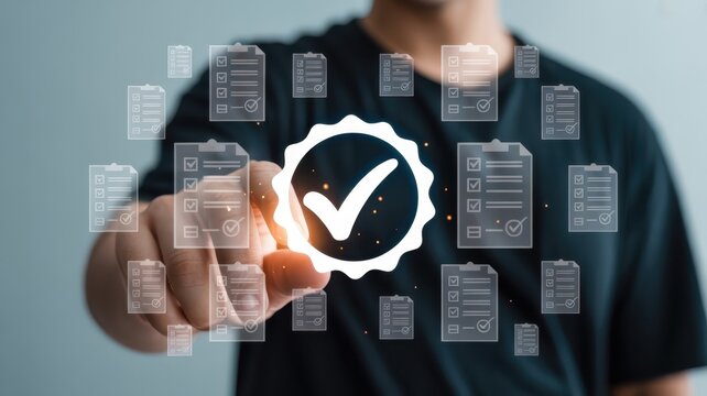 Business person touches glowing digital badge confirming successful task completion among many checklists