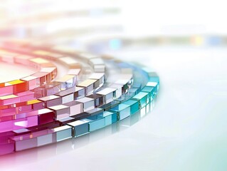 A series of concentric circles made of translucent, colorful glass cubes, transitioning from pink and red to blue and green, with a soft, blurred background.