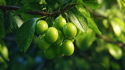 Close-up of fresh green plums hanging on a branch amidst lush green leaves.
