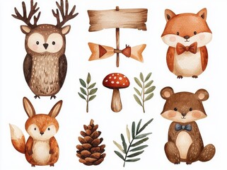 Naklejka premium Cute Woodland Animals and Nature Elements in Watercolor Illustration