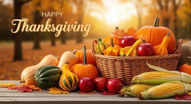 Happy thanksgiving autumn harvest feast with colorful produce