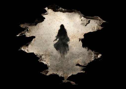 A lone silhouetted figure walks through a desolate, dusty aperture