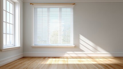Fototapeta premium Bright and Airy Room with Window Blinds Casting Shadows on Wooden Floor, Ideal for Home Decor or Interior Design Projects