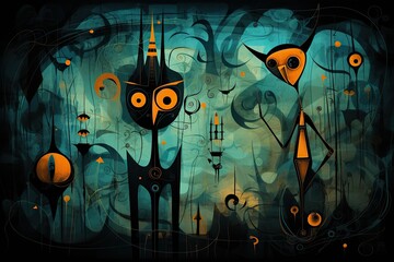 Stylized orange and black creatures amid swirling teal abstract patterns.
