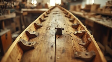 Wooden boat hull construction in workshop.