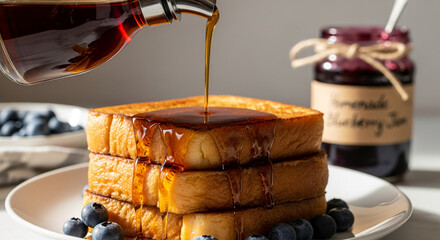 Stack of golden french toast with syrup drizzling down, served with blueberries, with jam behind. Representative of indulgence, breakfast, or sweetness