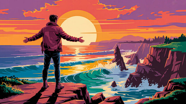 A man with arms outstretched watches a vibrant pixel art sunset over a dramatic coastal cliff and ocean waves.