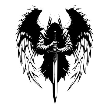 Minimalist dark angel warrior with sword vector illustration for fantasy art and gothic design and tattoo inspiration vector