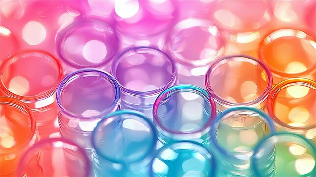 A close-up, abstract view of rows of colorful glass tubes with soft bokeh lights in the background.