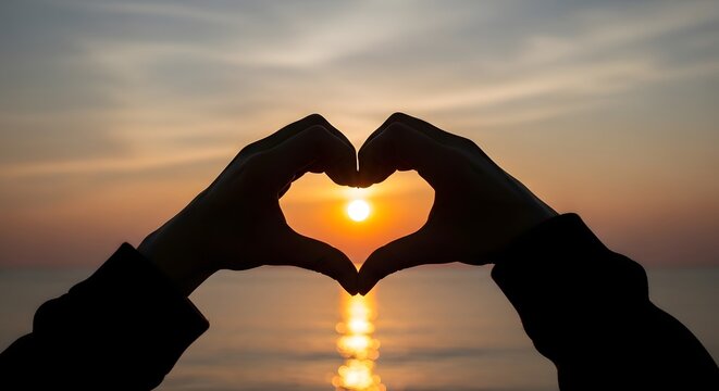 Hands forming a heart shape with sunset over the ocean